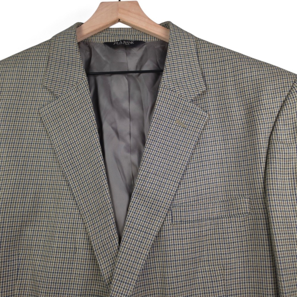 Jos A Bank Mens 48L Sport Coat Blazer Silk Wool Houndstooth Check Tan Blue Brown